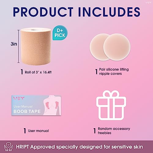 Image of VBT Boob Tape - Breast Lift Tape, Body Tape for Breast Lift w 2 Pcs Silicone Breast Reusable Adhesive Bra, Bob Tape for Large Breasts A-G Cup, Nude