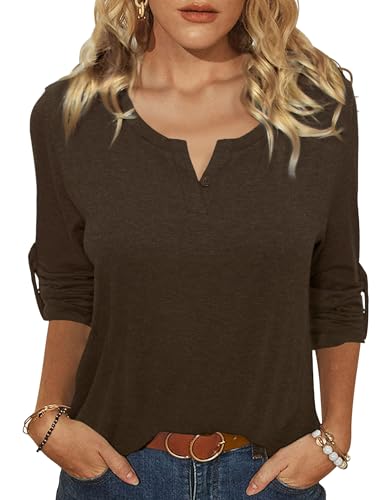 Terecey Damenblusen 3/4 Arm Lässig T-Shirt V-Ausschnitt Bluse Knöpfe Pullover Langarmshirt Henley Shirt Lässig Loose Oberteile Moda Solide Tunika Tee Tops Elegants Casual...