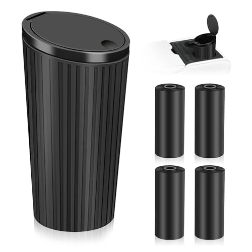 KILDOWS Poubelle de Voiture avec Couvercle, Mini Poubelle Noir Petite Poubelles Portable Imperméable avec 4 Rouleaux de Sacs Poubelles Accessoire Interieur...