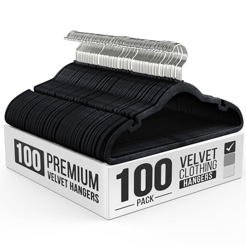 100 Pack Velvet Hanger for Shirt Pants Dresses Skirts Suits Jackets – Slim Space Saving Design – Standard Coat Hanger – Sturdy & Durable Design with Shoulder Grooves Hook