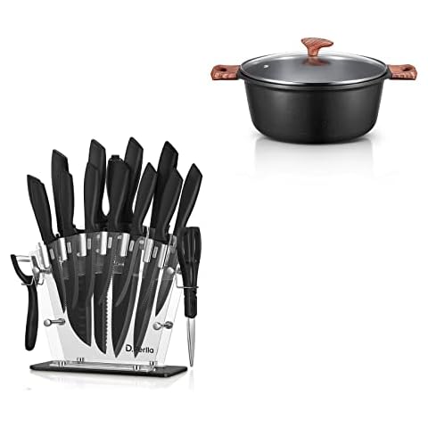 Knife Set, D.Perlla 16 Pieces Black Kitchen Knife Set with Acrylic Stand, High Carbon Stainless Steel, BO Oxidation Knife Block Set, No Rust, Non Slip Handle, Sharp Knife Cover