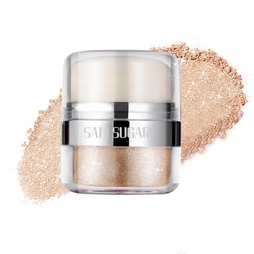 Afmicat Body Shimmer Powder, Body Glitter Powder with Sponge Head, 3D Contour & Long Lasting Luminous, Glow Highlighter Makeup for Face, Eyes, Hair, Perfect for Daily, Party (Champagne Gold, 1.13 Oz)
