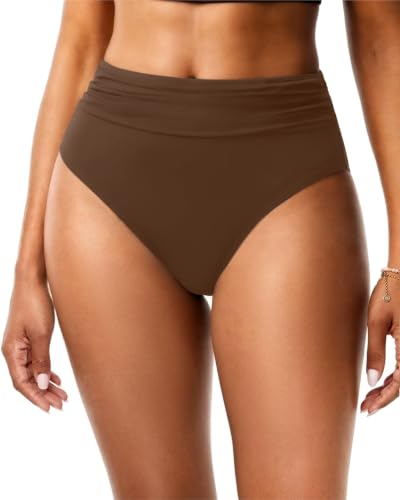 Holipick Brown High Waisted Bikini Bottoms Tummy Control Swimsuit Bottom High Cut Bathing Suit Swim Bottom M