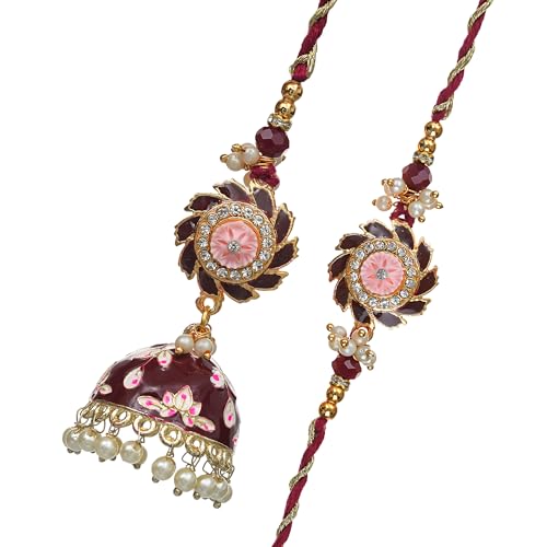 Image of eCraftIndia Brown Beautiful Floral Designer Bhaiya Bhabhi Rakhis with Best Bro Ever Fridge Magnet | Set of 2 Rakhi for Brother and Bhabhi | Lumba Rakhi | Roli Chawal Pack