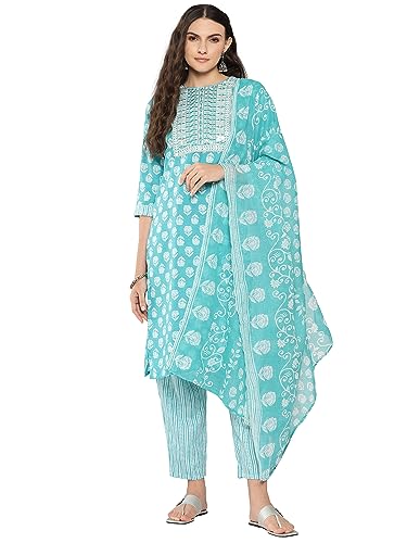 Image of INDO ERA Women's Printed Pure Cotton Kurta With Pant & Dupatta Set (23APR040)