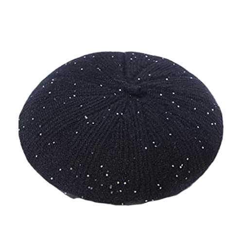Ladies Wool Starry Sequins Beret hat French Solid Color (Black)