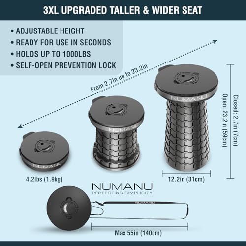 Image of NUMANU 2026 Upgraded 3XL Oversized Collapsible Stool with Cushion & Bag, 1000lbs Max Weight, 23.2 inch Heavy Duty Portable Retractable Telescoping Folding Seat Chair or Travel Footrest