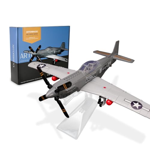ArtorBricks P-51 Mustang Fighter Airplane Military Building Set with Display Stand - 258 Piece Model Kit for Adults, Collectors & Hobbyists