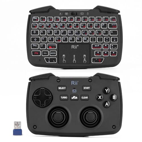 Rii Gaming Controller Wireless mit Tastatur mit Touchpad, 3-in-1-Funktionalität, 2,4GHz-Empfänger-Anschluss, Wiederaufladbare, Weiße Hintergrundbeleuchtung