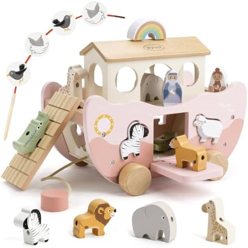 Joyreal Arche Noah Holz - Geschenk Taufe, Taufgeschenke für Jungen Mädchen Kinder, Montessori Spielzeug ab 1 2 3 Jahr, Holzspielzeug Sortier Stapel, Lernspielzeug mit Bauernhof Spi