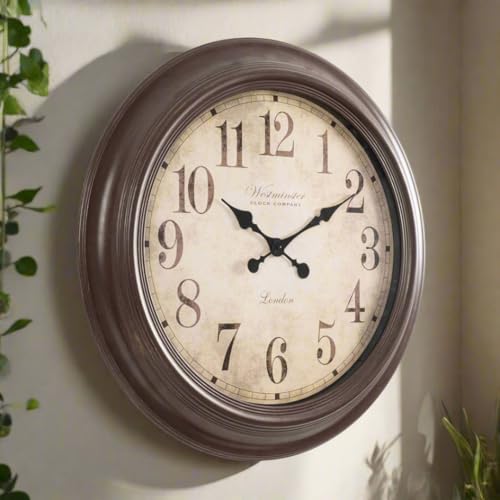 Image of Large Wall Clock - 30 Inch | Vintage Round Polyfiber Designer Clock with Brown Frame Big Clocks for Living Room, Bedroom & Home Decor (polyfibclk-numbaricbigwest-BRN)