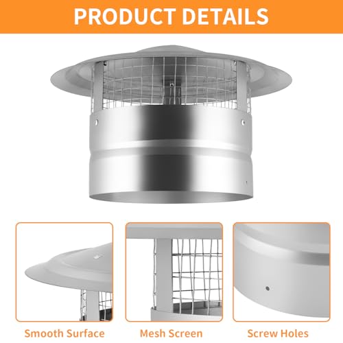 Fardtry 8 Inch Galvanized Steel Chimney Cap, Round Roof Rain Chimney Cover with Screen, Stove Pipe Topper for Fireplace Flue, Furnace Vent (Silver)