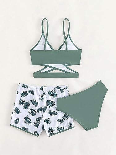 OYOANGLE Girl's 3 Piece Tropical Print Criss Cross Bikini Set Swimsuit Bathing Suit with Shorts2