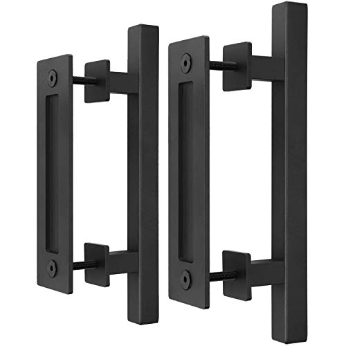 EaseLife 12" Sliding Barn Door Handle with Flush Pull Set,Heavy Duty,Square,Rustic Black Door