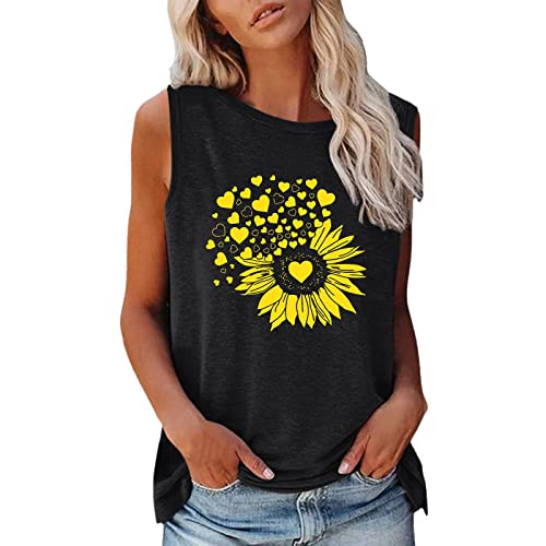 CAOQAO Femmes d'été sans manches col O imprimé tournesol débardeurs t-shirts décontractés blouse dames débardeur noir, Noir , M