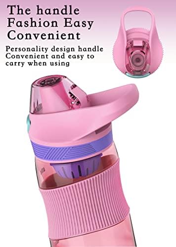 HAITENZ Sports Water Bottle Kids 650ML,Kids Water Bottles BPA Free,Leak Proof Drinks Bottle,Childrens Girls Boys Water Bottle with Filter,Long Brush,Handle,Tritan Bottle for School, Running,Gym(Pink)