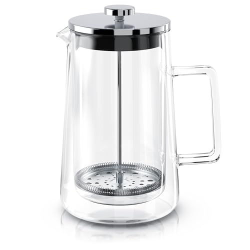 Arendo - French Press 1 Liter – Kaffeepresse - Thermo Doppelwand Design - aus Glas und Edelstahl - Kaffeebereiter – Spülmaschinengeeignet – Kaffeepresse – für Kaffee...