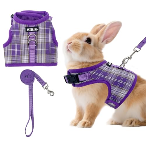 AIITLE Ensemble de harnais et laisse pour lapin anti-évasion - Design à ruban magique, rembourrage en maille à motif à carreaux léger, sans étouffement ni traction pour chiot, chat, rat, écureuil