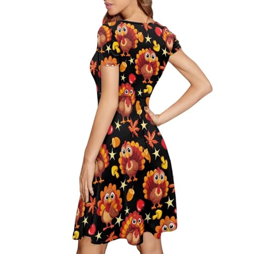 Image of Forchrinse Women's Thanksgiving Dress for Women Turkey Print Short Sleeve Crew Neck Dress Fall Midi Dress Casual Sundress Holiday Party Clothing