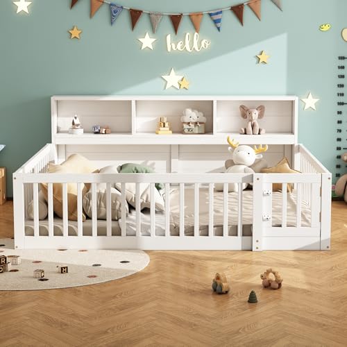 Letto Bambini 140*200cm, Letto a terra con Contenitore Nella Testiera, Lettino Montessori con Rete a doghe, Letto Piazza e Mezza per Bambini, Struttura in Legno di Pino,Barriera di Protezione,Bianco