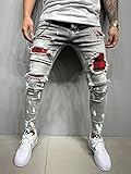 ShZyywrl Gerades Bein Normales Bein Normale Passform Arbeits-Denim-Hose Skinny Slim Fit Herren Blau Zerrissene Jeans Painted Jeans Patch Pants Hip Hop Bleistifthose Casual Classic Cowboys J