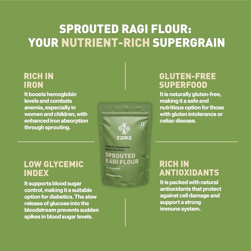 Image of Zama Organics Sprouted Ragi Flour 1kg | Organically Grown Natural Nachni Atta | Gluten Free Finger Millet Flour | No Additives or Preservatives | Low Glycemic Index