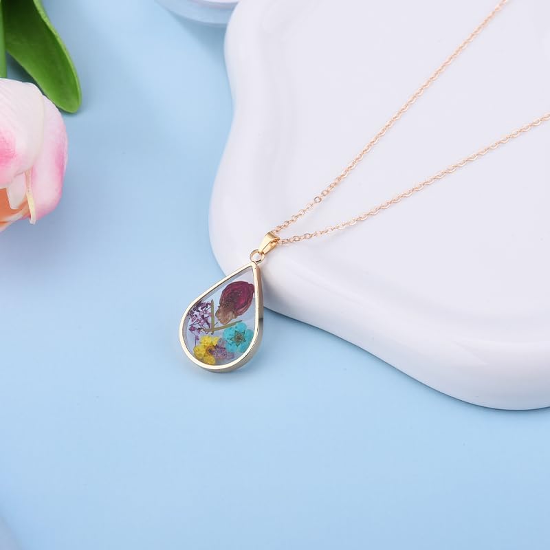 Rose Dried Pressed Flower Necklace for Women Gold Handmade Wildflower Teardrop Pendant Necklace Nature Gifts for Her Mom Grandma Birthday Christmas Gifts for Sister Freind Flower Resin Necklaces - Image 6