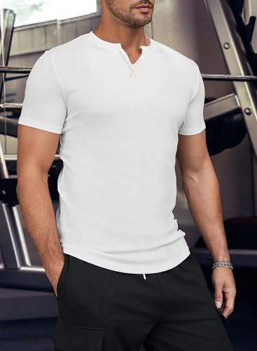 Men's Muscle Shirt V Neck Slim Longline Short Sleeve Henley Shirt Gym Workout Athletic Tees Mens Tights for Sports3
