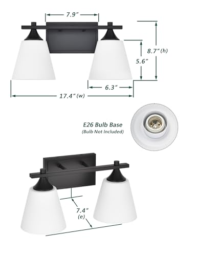 Image of Black Bathroom Vanity Light Fixtures, 2 Lights Traditional Vanity Lighting Fixture with Opal Glass Shade, Porch Wall Mount Light Fixture for Bathroom, Mirror Cabinets Hallway Stairs, Matte Black