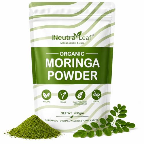 Image of Neutraleaf Organic Moringa Powder | Drumstick Leaves Powder for Immunity | Rich in Iron, Calcium & Plant Protein | Superfood for Hair Growth & Glowing Skin | Non-GMO, Vegan | Resealable Bag | 200g