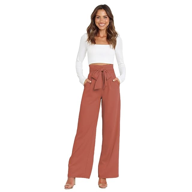 Womens High Waist Belted Wide Leg Pants with Pocket Casual Business Work Office Palazzo Pants