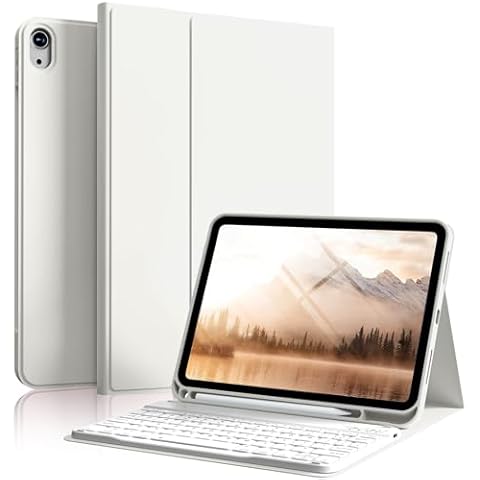 SZPSGC Case for iPad 10th Generation with Keyboard 10.9 Inch 2022, Smart Folio Cover with Pencil Holder, Detachable Wireless Bluetooth iPad Keyboard Case with Auto Wake and Sleep, White Cover