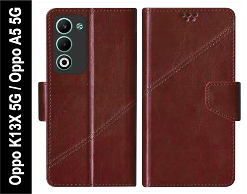 Image of SBMS Flip Cover for Oppo K13x 5G / Oppo A5 5G 6.67 inch Back Cover Case with Magnatic Closure | Inbuilt Stand | Card & Money Pocket (Coffe Brown)