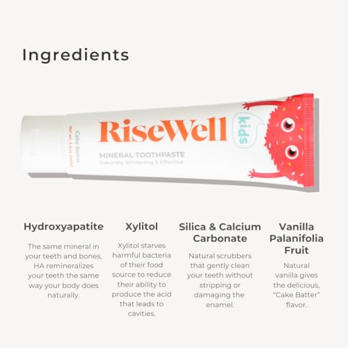 risewell kids mineral toothpaste - kids hydroxyapatite toothpaste - made by dentists safe to swallow no added fluoride and all natural - cake batter flavor 34 oz