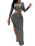 Women's Sexy Ruched Bodycon Maxi Dress Cut Out Glitter Split Irregular Hem Cocktail Party Long Dresses Silver M