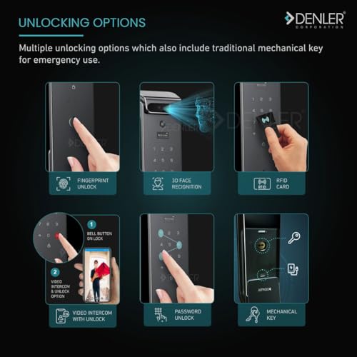 Image of Denler FLv6D 8-in-1 Smart Door Lock | 3D Face ID | Fingerprint | App Unlock | LCD Camera | Inbuilt Wi-Fi | Alexa Google Support | RFID Card | PIN | Key | for Min 40mm Door