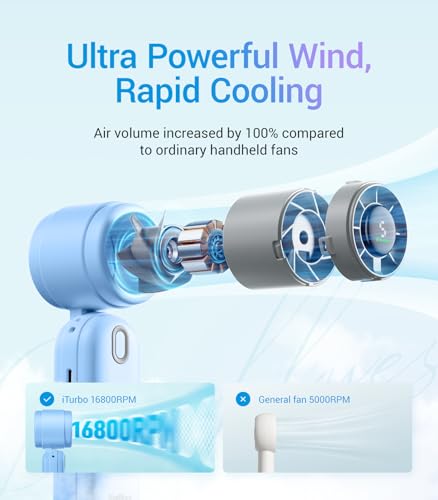 Image of Diveblues High-Speed Portable Handheld Turbo Fan, USB Rechargeable Battery Powered, Small Portable Pocket Fan for Travel, Outdoor, Home, Office, Concerts, Lash, Gift for Women(Blue)