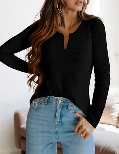 PRETTYGARDEN Long Sleeve Shirts for Women 2025 Fall V Neck Waffle Basic Tee Dressy Casual Winter Blouses Knit Tunic Tops3