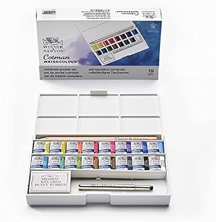 Winsor & Newton, Cotman Watercolour, Complete Pocket Set, 16 x Half Pans + 1 x Travel Brush PLUS 1 x Kneaded Eraser + 1 x Pencil