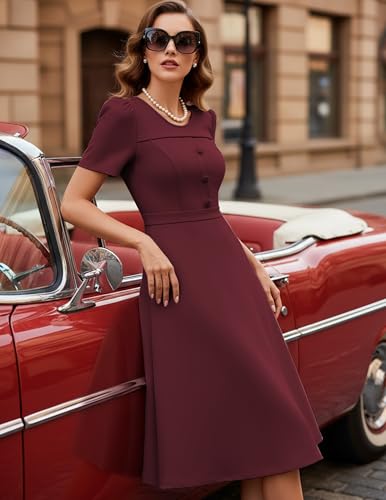 Image of Wedtrend 1950's Vintage Dresses for Women Modest Church Dress with Pockets Short Sleeve Tea Party A-Line Cocktail Dresses