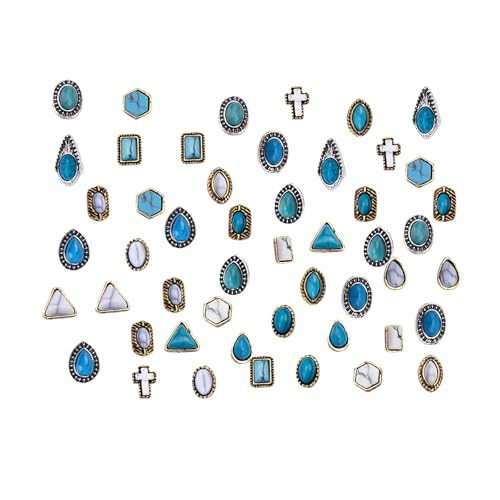 BOXOB 50pcs Turquoise Nail Charms 3D Hollow Out Vintage Pendants DIY Western Art Blue Gemstone Nail Accessories for Manicure Phone Case & Craft Decor