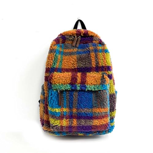 Lambswool plaid backpack for women's retro travel bag, 14 inch laptop backpack