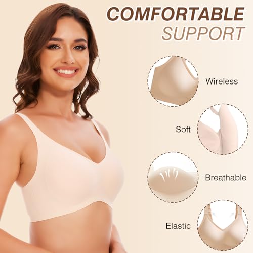 Image of Greoay Bras for Women Wireless Push Up Seamless Wire-Free Bras Full Support T-Shirt Bra V Neck Comfortable Adjustable Bra