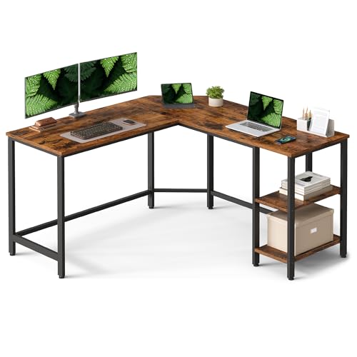 VASAGLE Schreibtisch, L-förmiger Computertisch, 138 x 138 x 76 cm, Eckschreibtisch mit 2 Ablagen, platzsparender Bürotisch, Gaming, Homeoffice, einfacher Aufbau, vintagebraun-schwarz LWD72X
