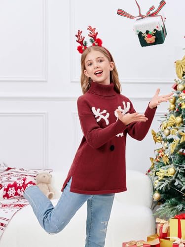 Image of Haloumoning Girls Christmas Sweater Kids Oversized Turtleneck Cute Reindeer Sweaters with Side Slit