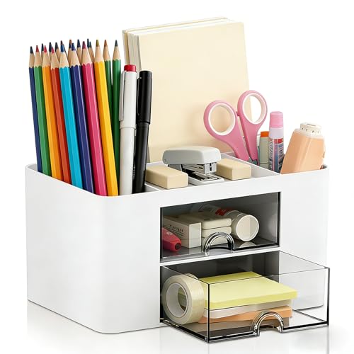 Lenfuos Schreibtisch Organizer mit 2 Schubladen, 360 Grad drehbarer Büro-Organizer Stifthalter, 5 Sortierfächer für Stifte, Hefter, Haftnotizen, Platzsparendes Desk Organizer (Weiß Quadrat)