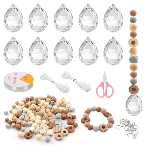 YPLonon 122 Stück Handgemachter Sonnenfänger Kristall Bastelset Sonnenfänger DIY Set mit Holzperlen und Kristallkugel Fensterdeko Boho Regenbogen für Wohndekoration