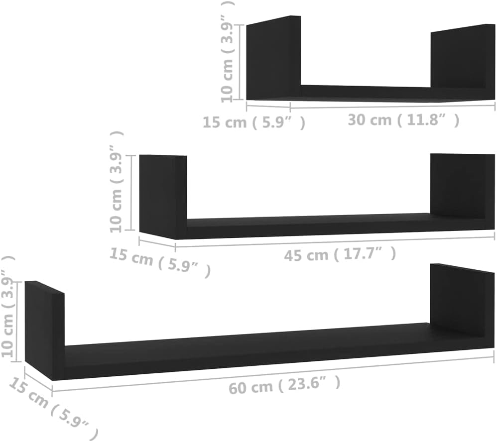 3-Piece Black Wall-Mounted Shelf Set with Floating Storage Shelves for Display and Organization