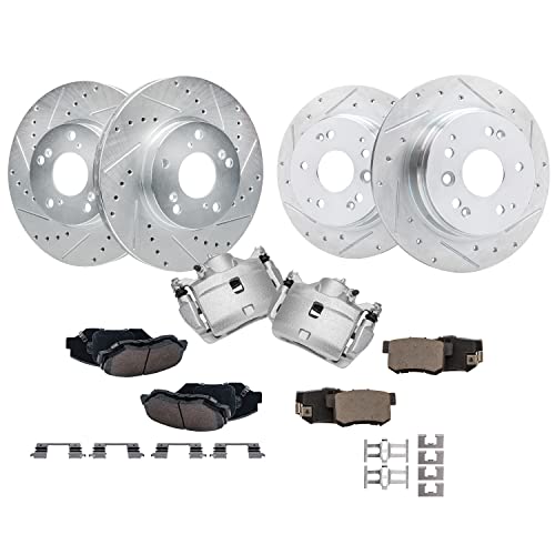 Image of Detroit Axle - Front & Rear Drilled Rotors Ceramic Brake Pads + Front Brake Calipers Replacement for 2003-2011 Honda Element - 10pc Set