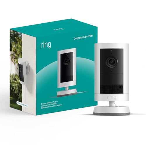 Ring Videocamera esterna Plus plug-in (Outdoor Camera Plus Ultimo modello) Video 2K grandangolare Videocamera di sicurezza wireless fai-da-te | Prova gratuita di 30 giorni piano d'abbonamento Ring